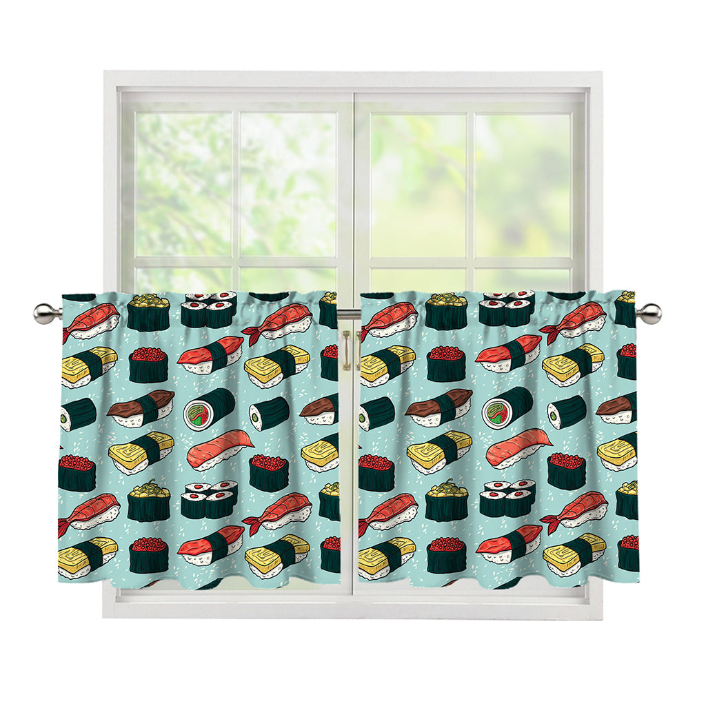 Colorful Sushi And Rolls Pattern Print Tier Curtains
