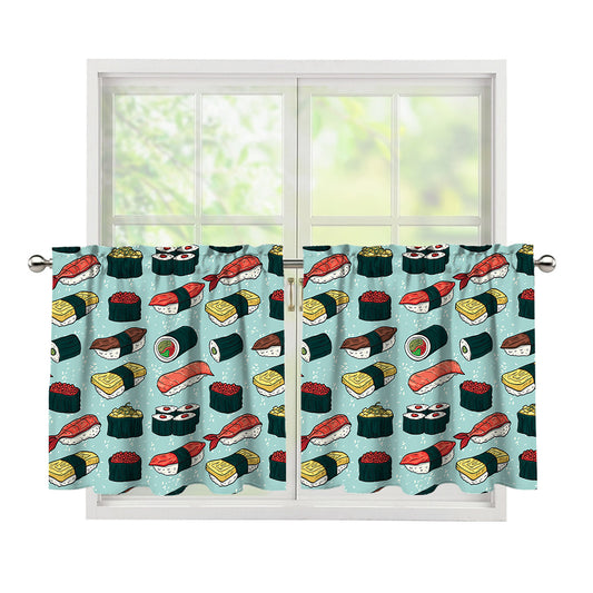Colorful Sushi And Rolls Pattern Print Tier Curtains