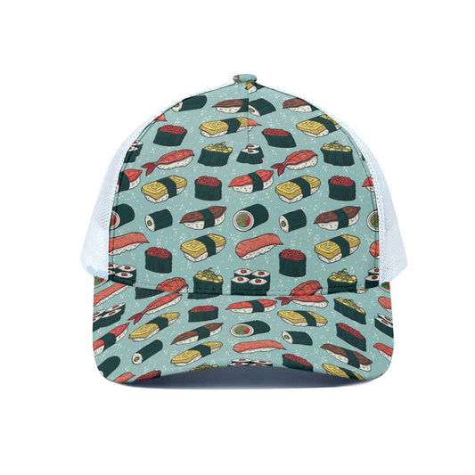 Colorful Sushi And Rolls Pattern Print White Mesh Trucker Cap
