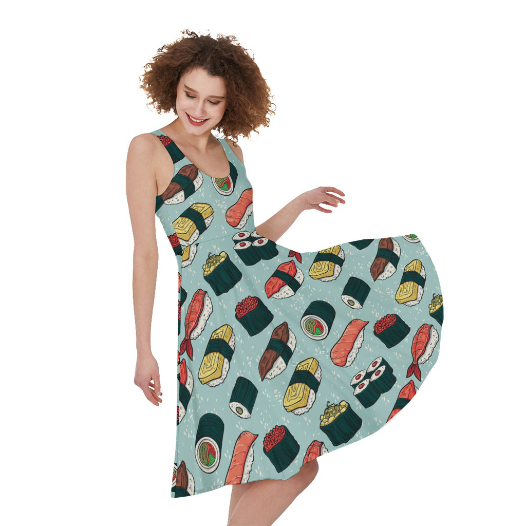 Colorful Sushi And Rolls Pattern Print Women's Sleeveless Dress