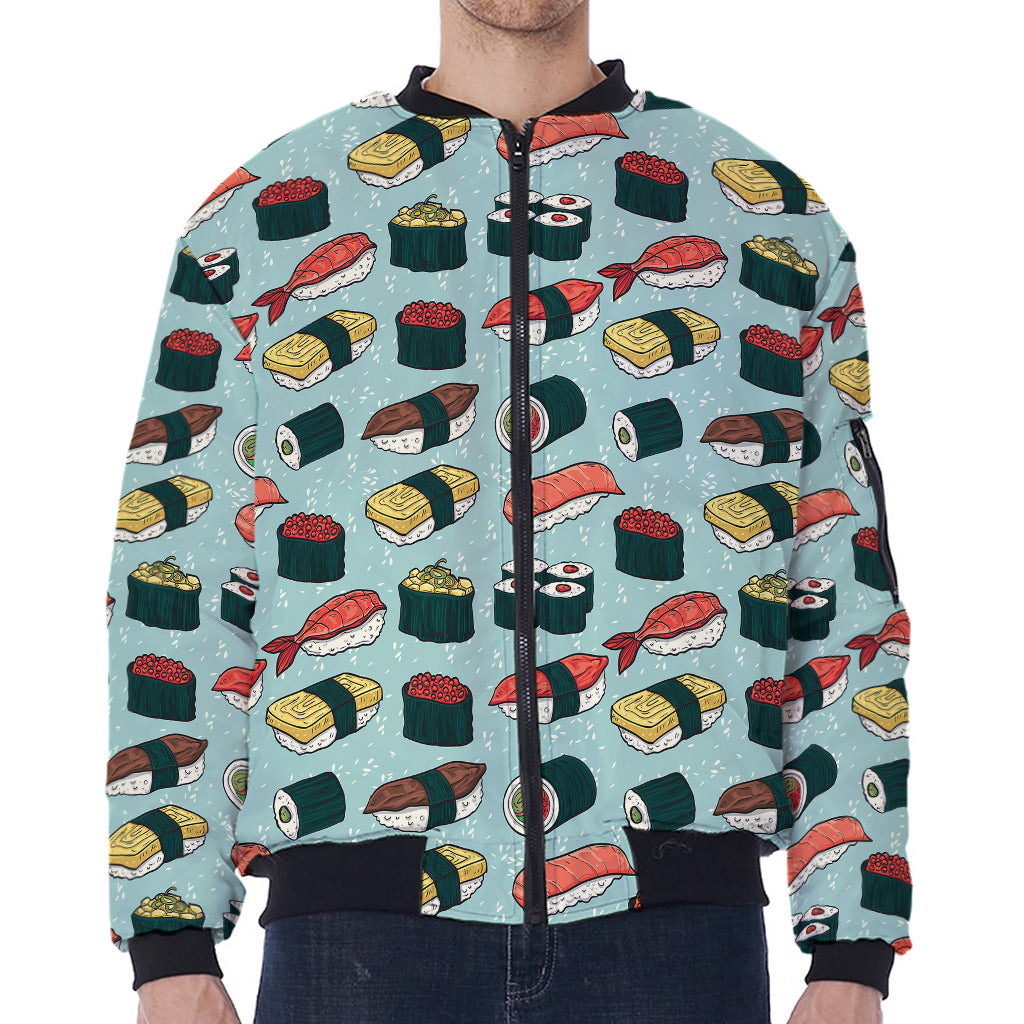Colorful Sushi And Rolls Pattern Print Zip Sleeve Bomber Jacket