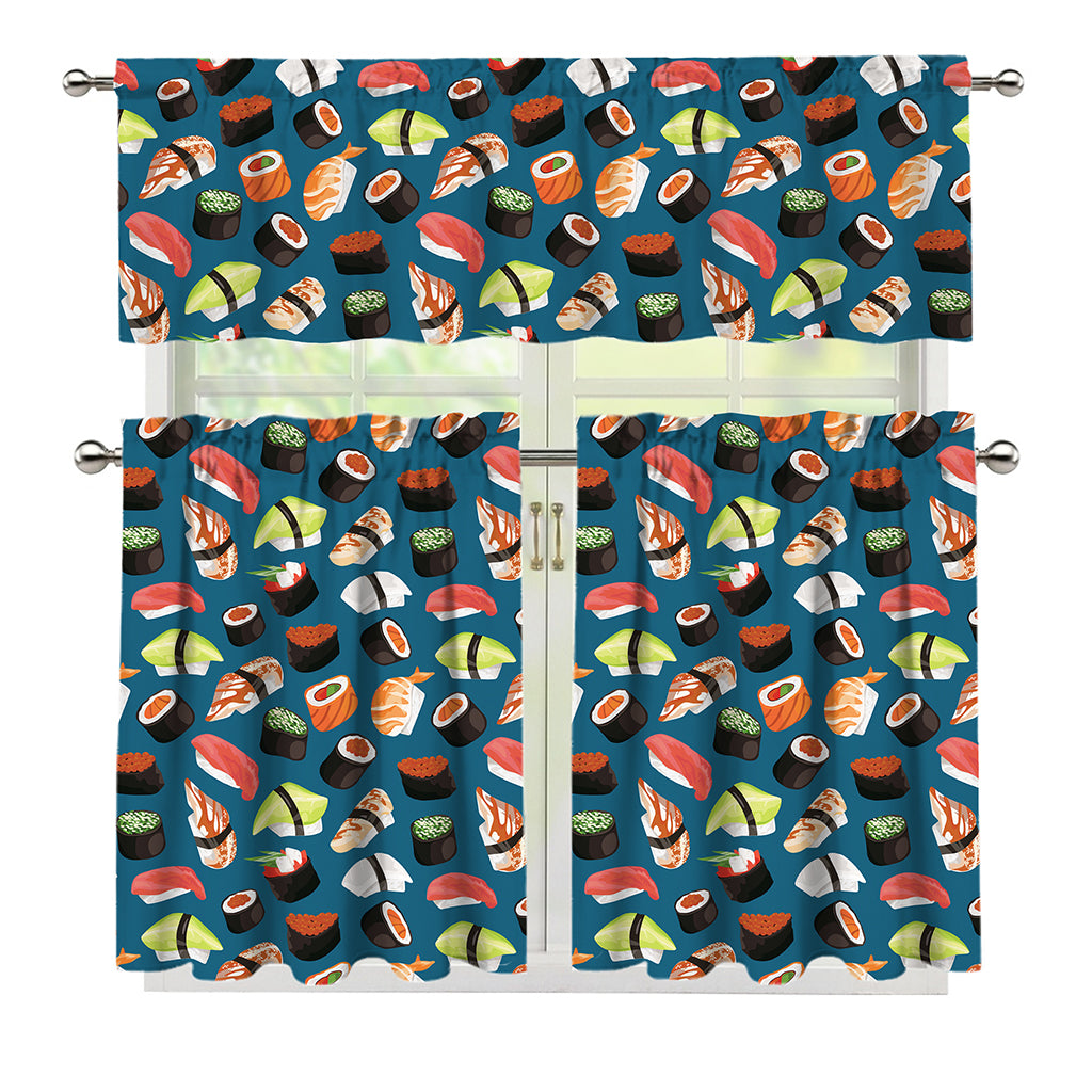 Colorful Sushi Pattern Print 3 Piece Kitchen Curtains
