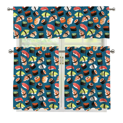 Colorful Sushi Pattern Print 3 Piece Kitchen Curtains
