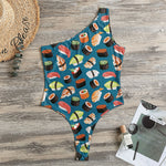 Colorful Sushi Pattern Print One Shoulder Bodysuit