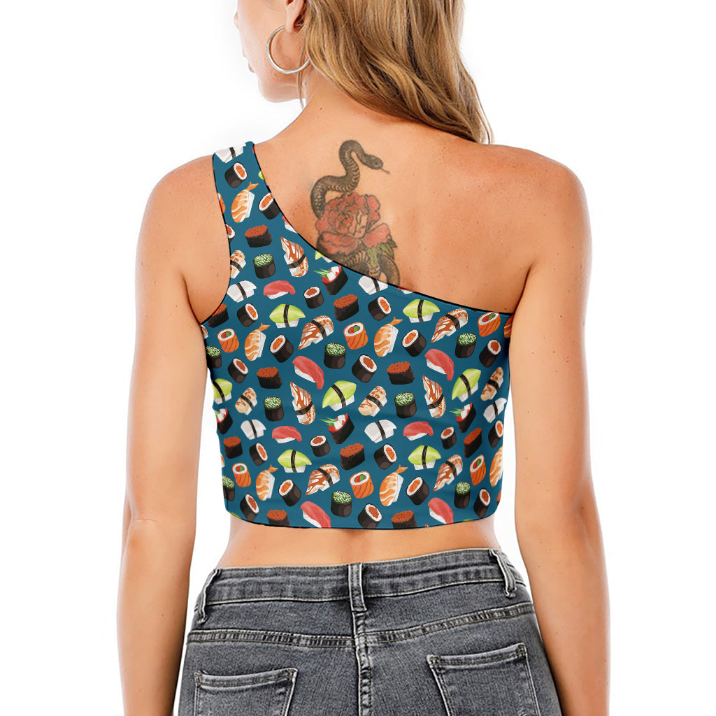Colorful Sushi Pattern Print One Shoulder Crop Top