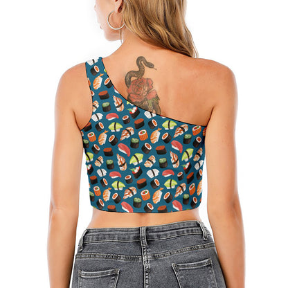 Colorful Sushi Pattern Print One Shoulder Crop Top