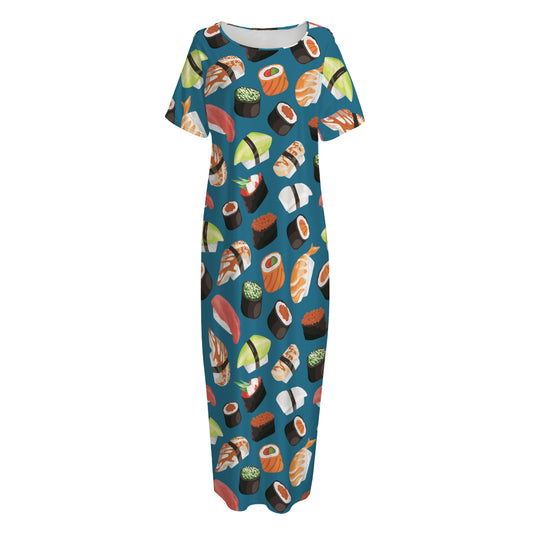 Colorful Sushi Pattern Print Short Sleeve Long Nightdress