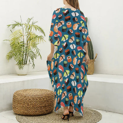 Colorful Sushi Pattern Print Silk V-Neck Kaftan Dress