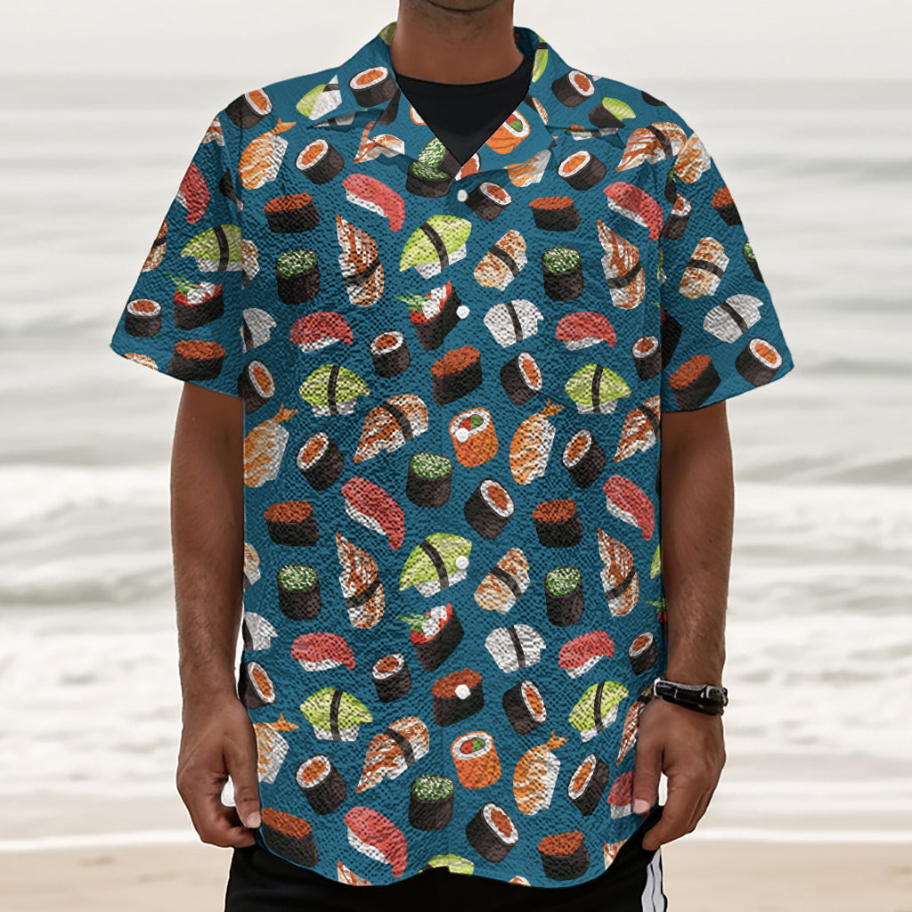 Colorful Sushi Pattern Print Textured Short Sleeve Shirt