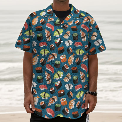 Colorful Sushi Pattern Print Textured Short Sleeve Shirt