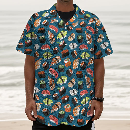 Colorful Sushi Pattern Print Textured Short Sleeve Shirt