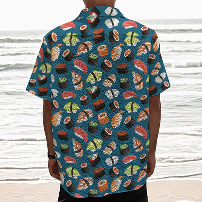 Colorful Sushi Pattern Print Textured Short Sleeve Shirt