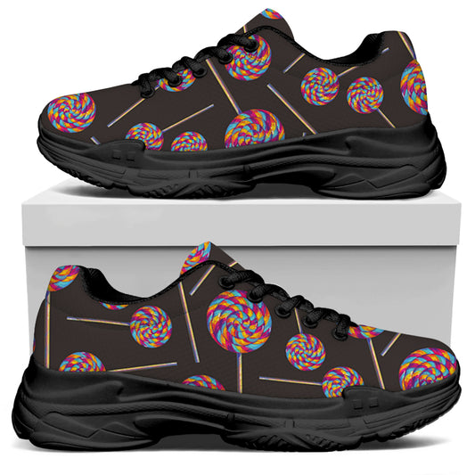 Colorful Swirl Lollipop Pattern Print Black Chunky Shoes