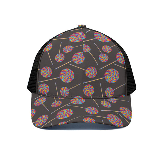Colorful Swirl Lollipop Pattern Print Black Mesh Trucker Cap