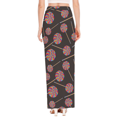 Colorful Swirl Lollipop Pattern Print High Slit Maxi Skirt