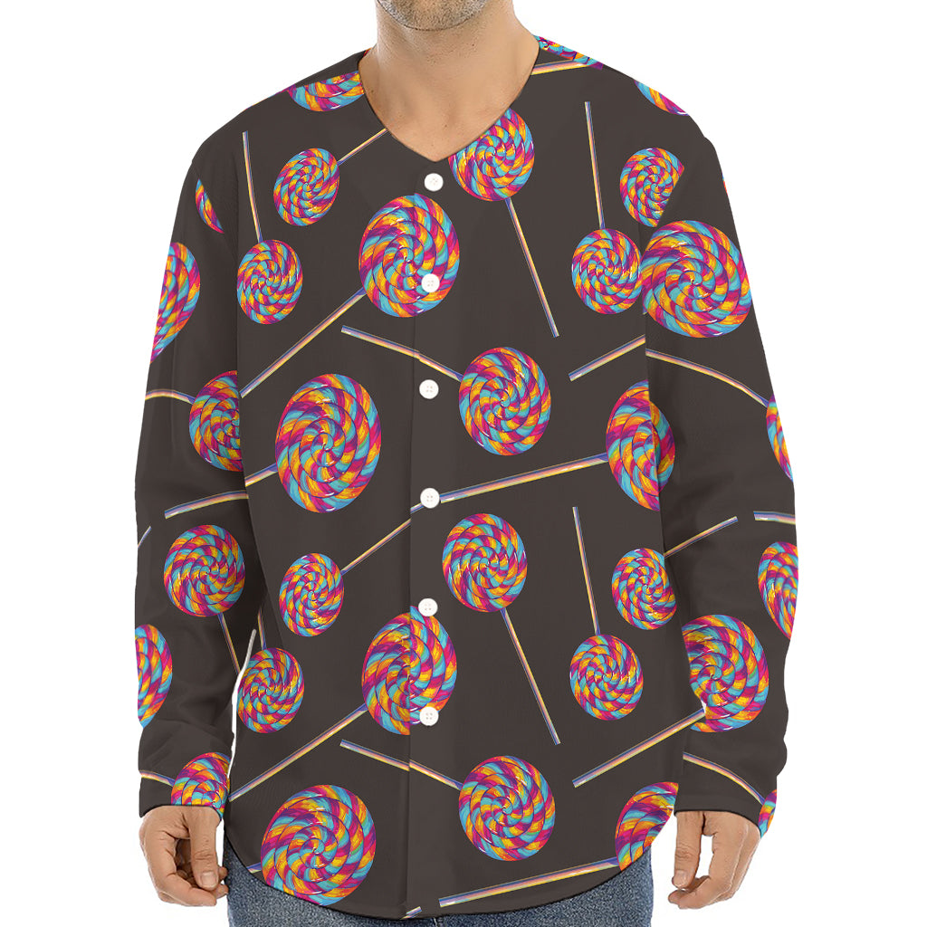Colorful Swirl Lollipop Pattern Print Long Sleeve Baseball Jersey