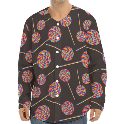 Colorful Swirl Lollipop Pattern Print Long Sleeve Baseball Jersey