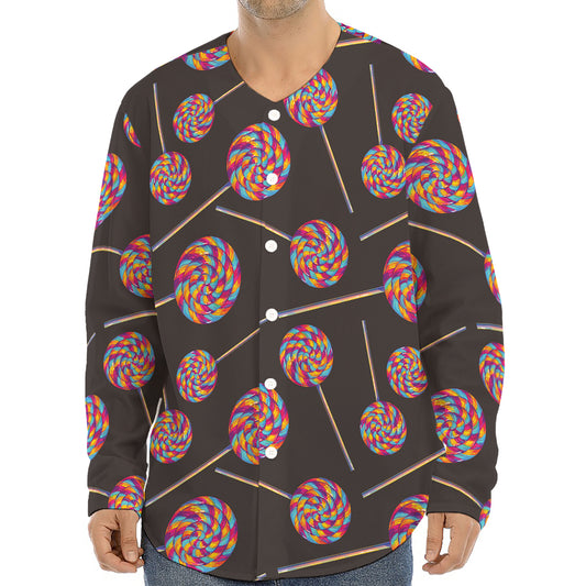 Colorful Swirl Lollipop Pattern Print Long Sleeve Baseball Jersey