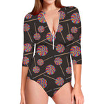 Colorful Swirl Lollipop Pattern Print Long Sleeve Swimsuit