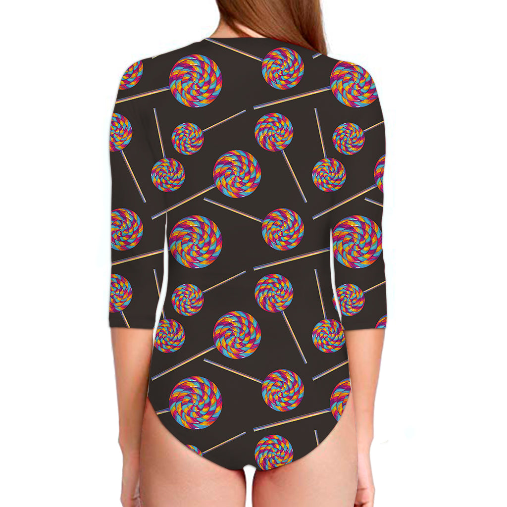 Colorful Swirl Lollipop Pattern Print Long Sleeve Swimsuit