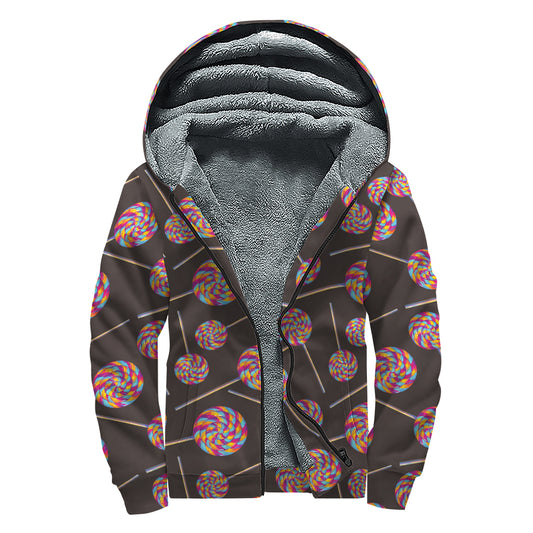 Colorful Swirl Lollipop Pattern Print Sherpa Lined Zip Up Hoodie