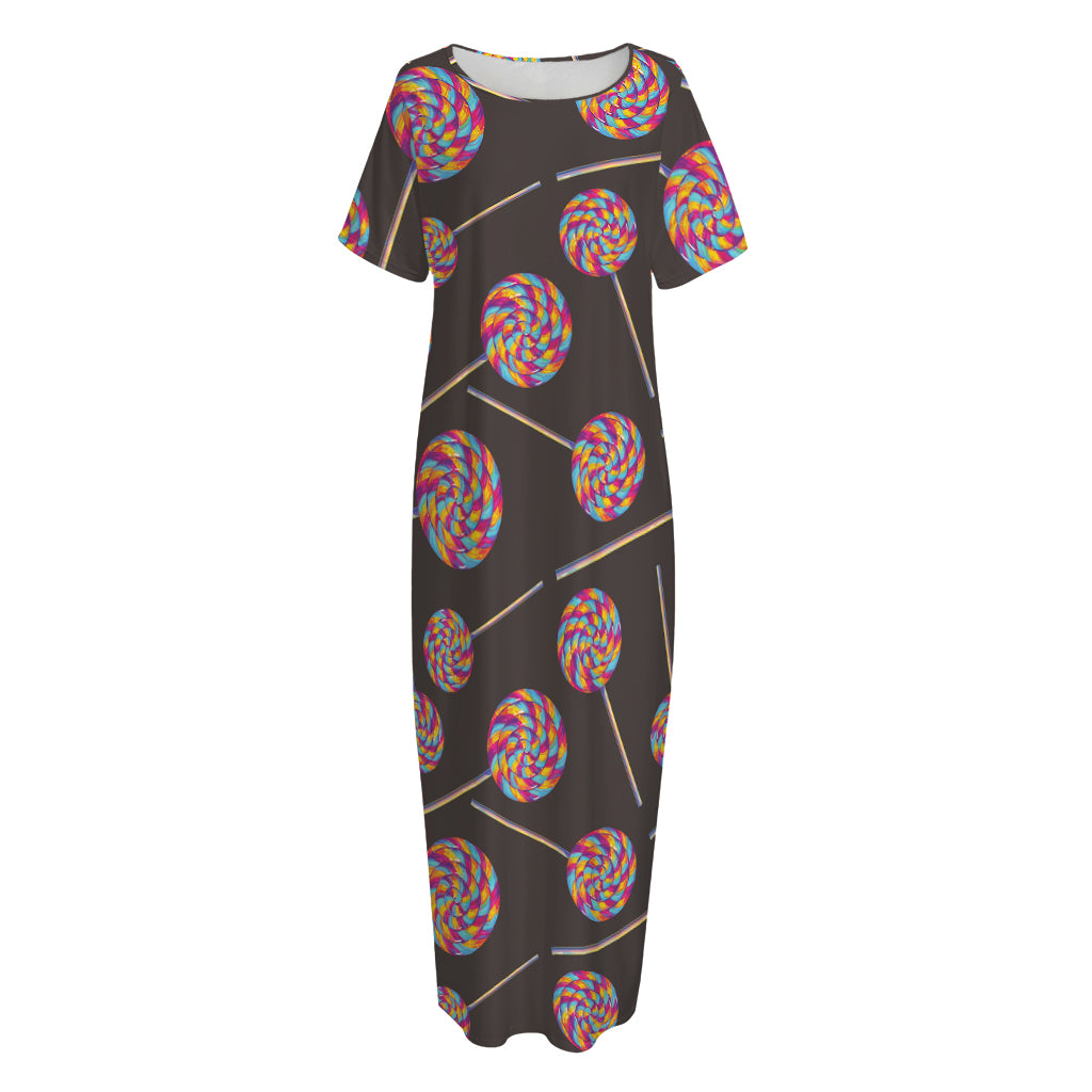 Colorful Swirl Lollipop Pattern Print Short Sleeve Long Nightdress