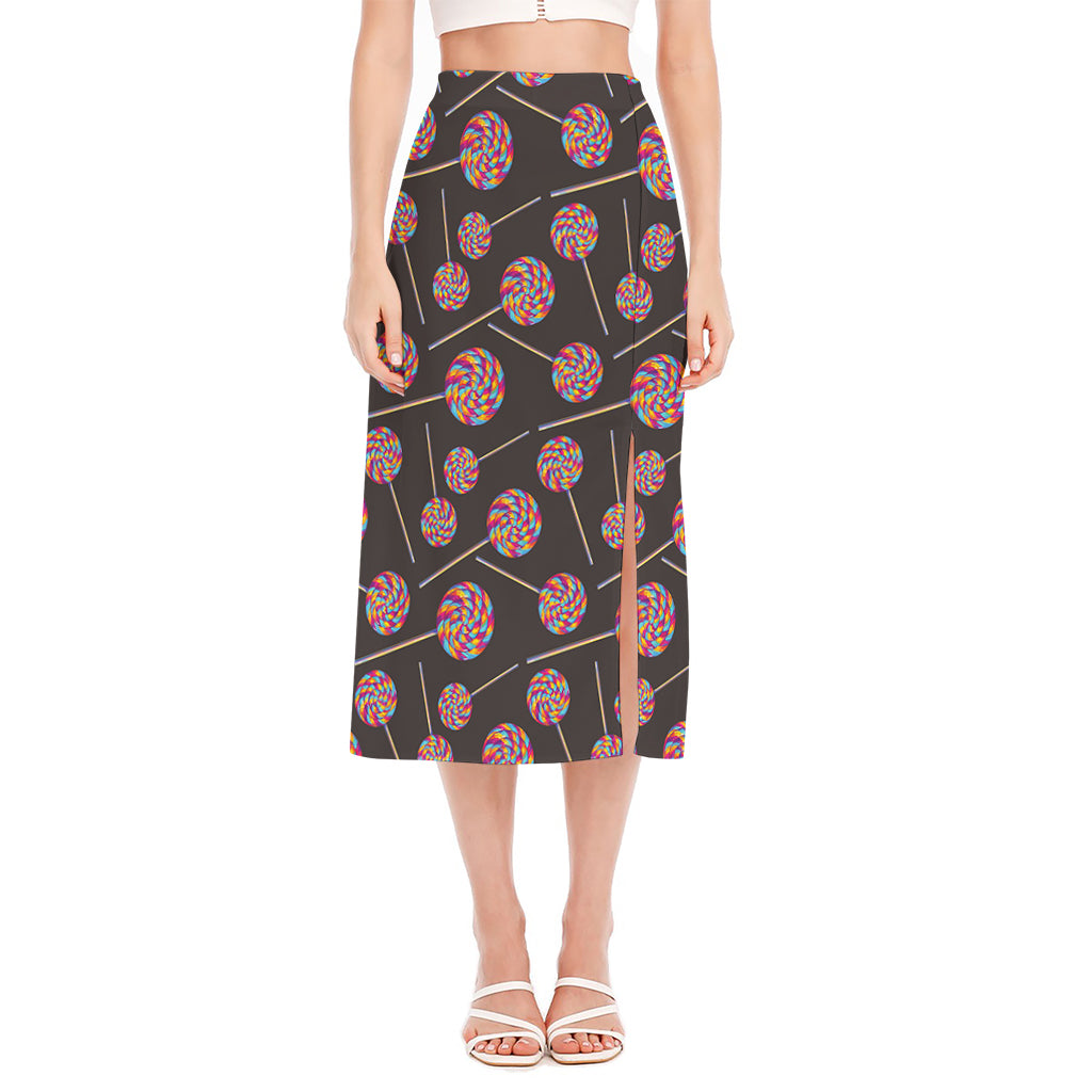 Colorful Swirl Lollipop Pattern Print Side Slit Midi Skirt