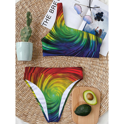 Colorful Swirl Print One Shoulder Bikini Top