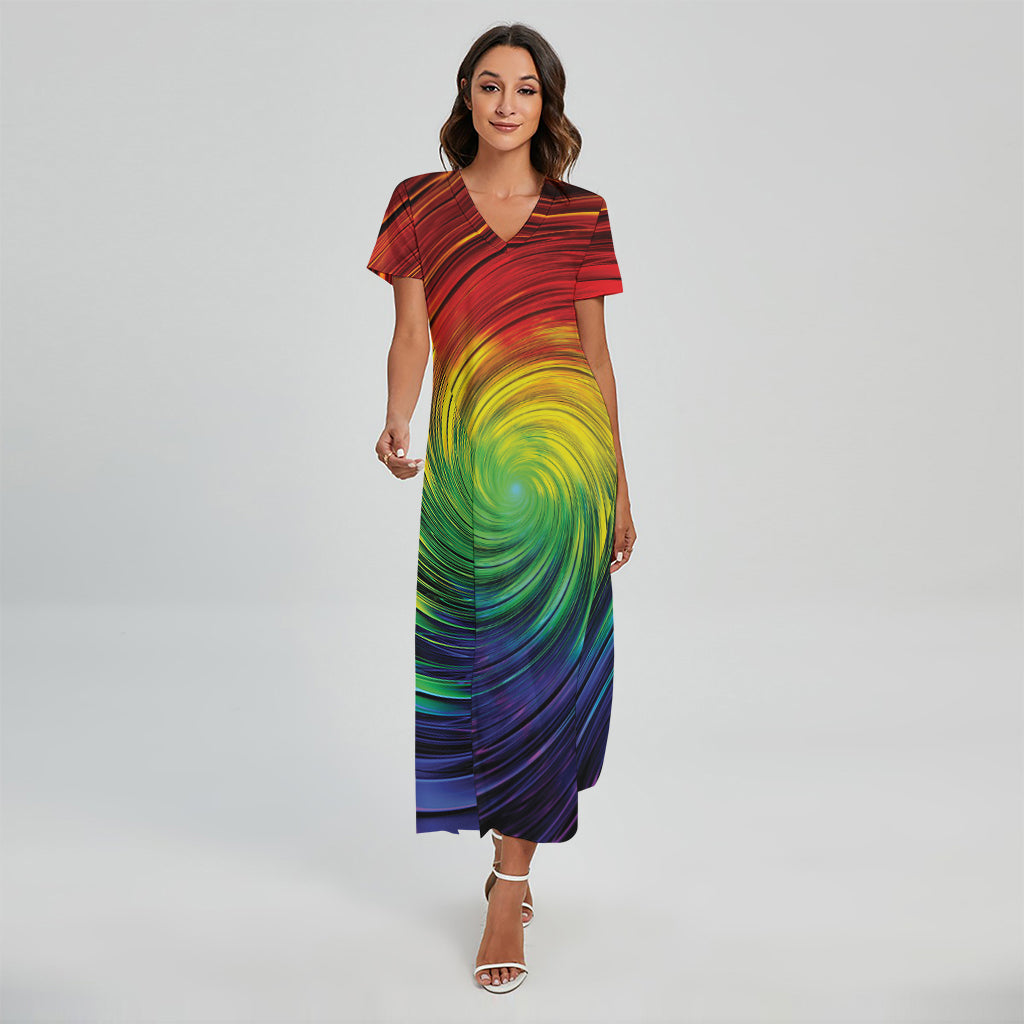 Colorful Swirl Print Short Sleeve Maxi Dress