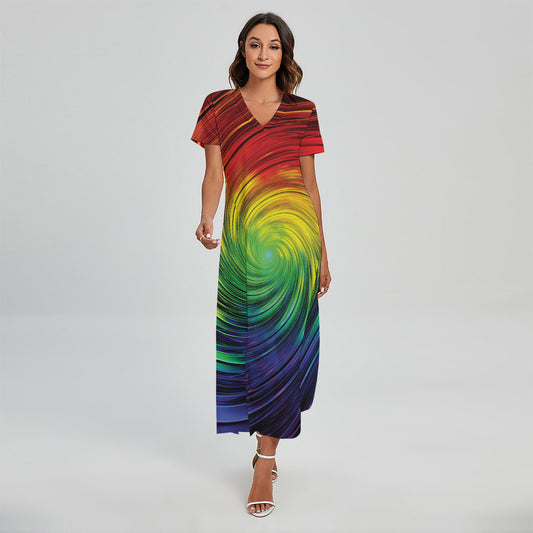 Colorful Swirl Print Short Sleeve Maxi Dress