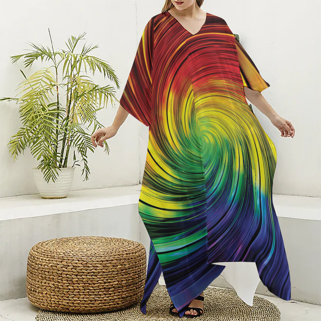 Colorful Swirl Print Silk V-Neck Kaftan Dress