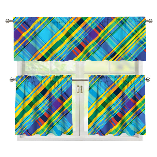 Colorful Tartan Pattern Print 3 Piece Kitchen Curtains