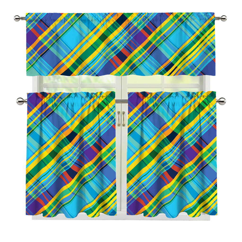 Colorful Tartan Pattern Print 3 Piece Kitchen Curtains