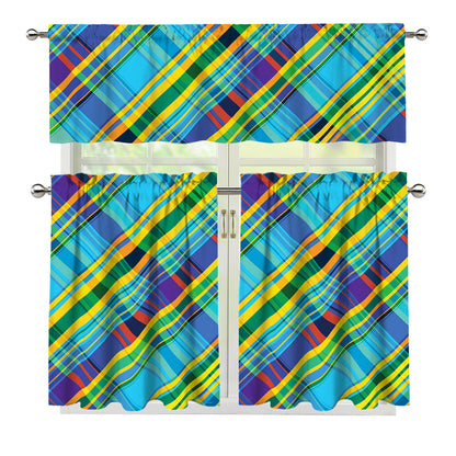 Colorful Tartan Pattern Print 3 Piece Kitchen Curtains