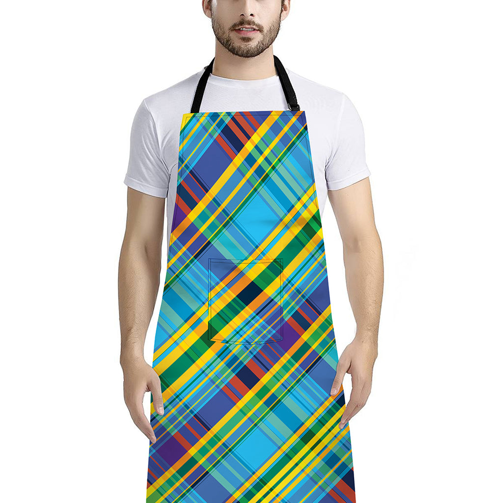 Colorful Tartan Pattern Print Bib Apron With Pocket