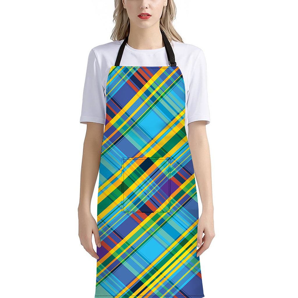 Colorful Tartan Pattern Print Bib Apron With Pocket