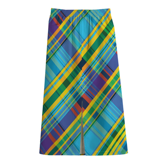 Colorful Tartan Pattern Print Cotton Front Slit Maxi Skirt