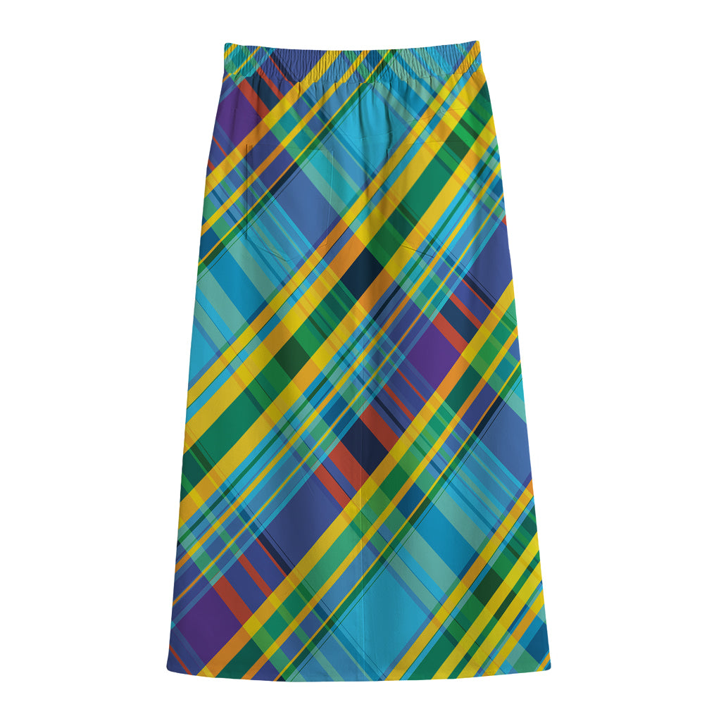 Colorful Tartan Pattern Print Cotton Front Slit Maxi Skirt