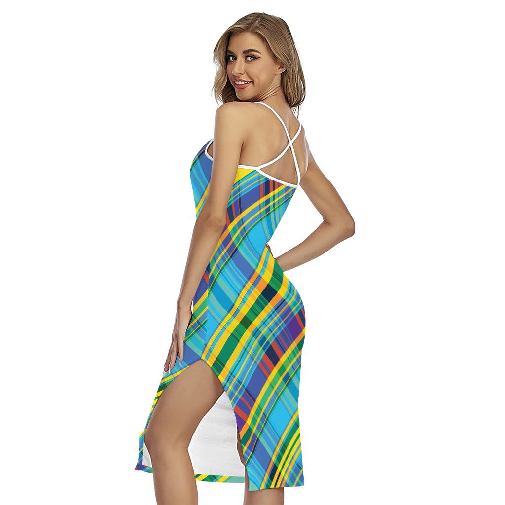 Colorful Tartan Pattern Print Cross Back Cami Dress