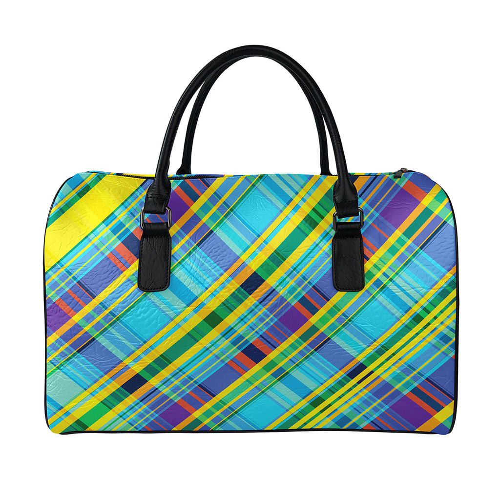 Colorful Tartan Pattern Print Leather Duffle Bag