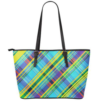 Colorful Tartan Pattern Print Leather Tote Bag
