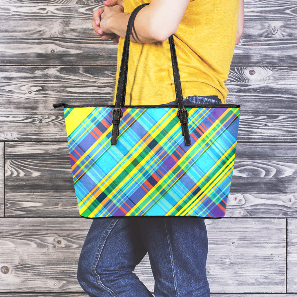 Colorful Tartan Pattern Print Leather Tote Bag