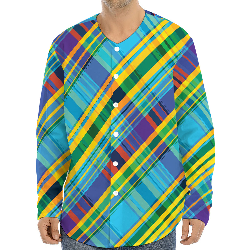Colorful Tartan Pattern Print Long Sleeve Baseball Jersey