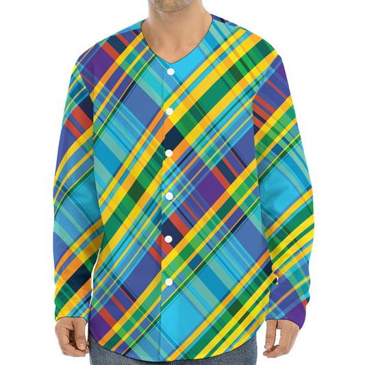 Colorful Tartan Pattern Print Long Sleeve Baseball Jersey