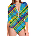 Colorful Tartan Pattern Print Long Sleeve Swimsuit