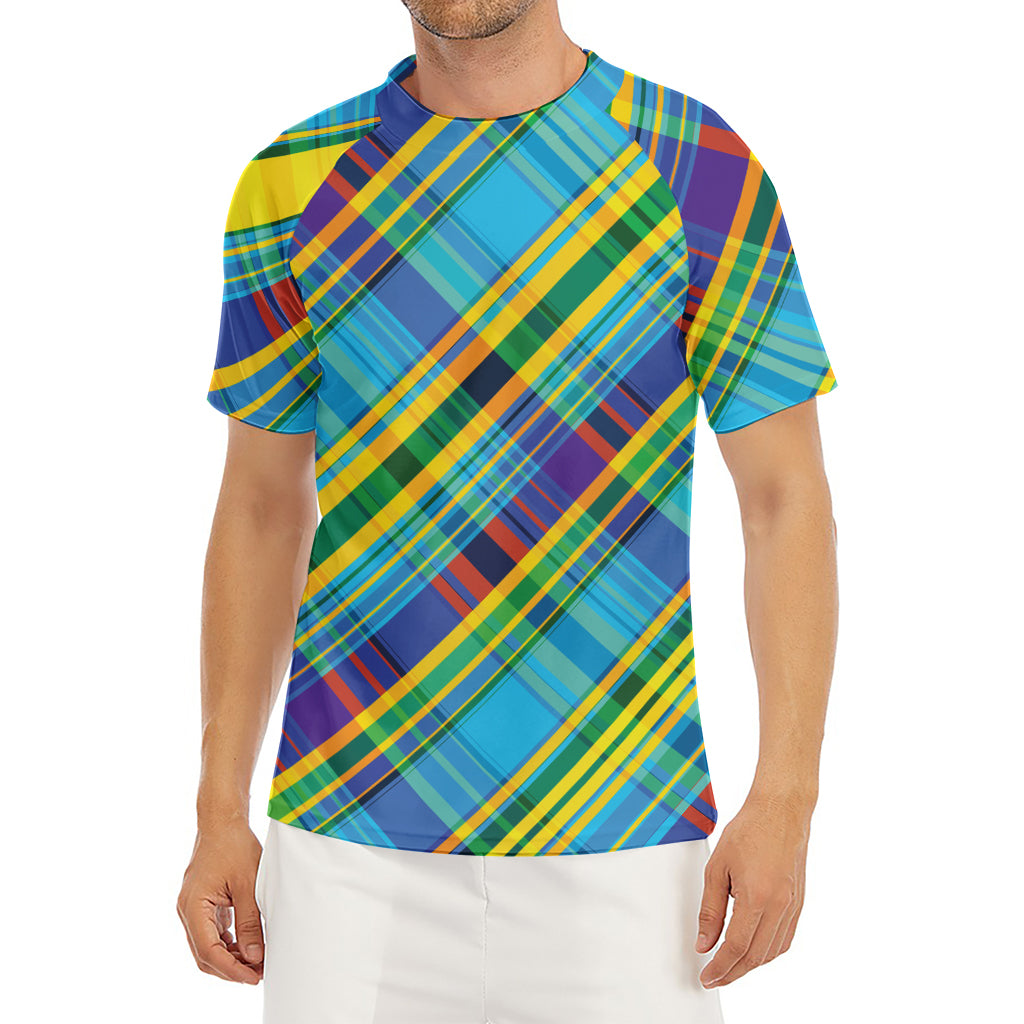 Colorful Tartan Pattern Print Men's Short Sleeve Rash Guard