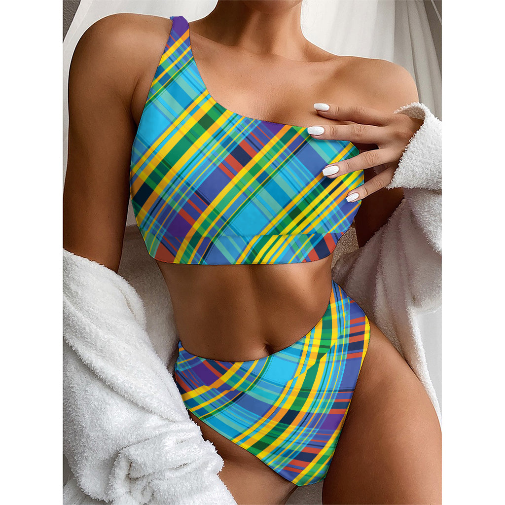 Colorful Tartan Pattern Print One Shoulder Bikini Top
