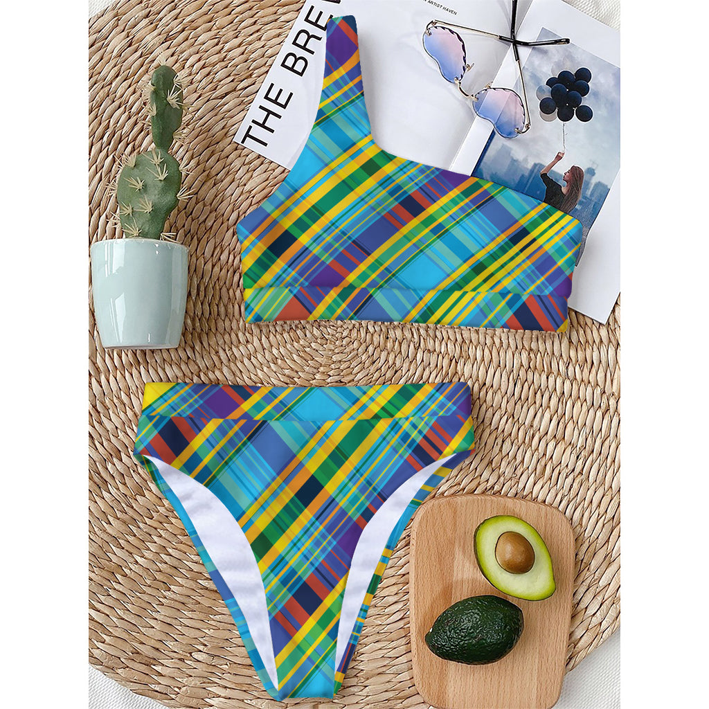 Colorful Tartan Pattern Print One Shoulder Bikini Top