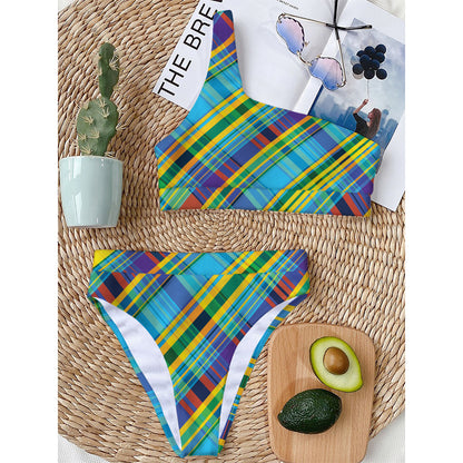 Colorful Tartan Pattern Print One Shoulder Bikini Top