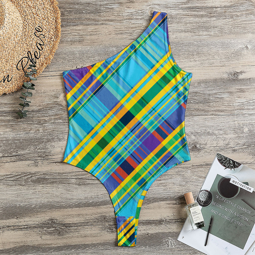 Colorful Tartan Pattern Print One Shoulder Bodysuit